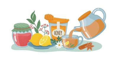 Tea drink concept, lemon and honey, glass of jam vector