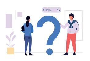 Online question answers search. Male and female characters looking for solution in internet, solving problems vector