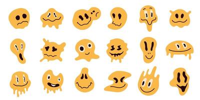 Distorted emoticons. Psychedelic abstract emoji characters with dripping, smile, frown and angry feelings, cute abstract emojis. Vector colorful set