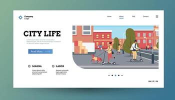 personas en scooter aterrizaje. página principal modelo con caracteres montando eléctrico scooters, público transporte alquiler Servicio web página concepto. vector diseño