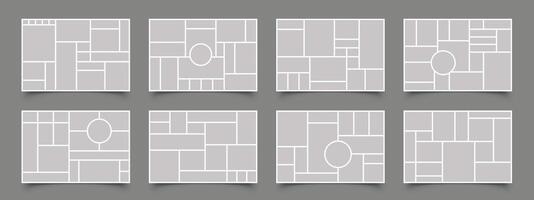 Photo collage. Blank moodboard grid layout, mosaic gallery frame mockup minimalist horizontal design, photography album portfolio banner. Vector set