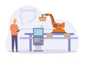 personas trabajando en fábrica. robótico brazo cosecha parcelas desde cinturón. ingeniero controlador fábrica o almacén tecnología vector