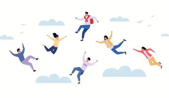 People in the sky. Cartoon characters floating in clouds, dream and imagination concept, young persons falling on dreamy background. Vector illustration