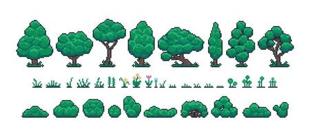 Pixel forest set. Retro 8 bit video game UI elements, trees bushes and grass sprite asset, background landscape objects. Vector isolated collection