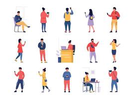 People with gadgets. Cartoon men and women with laptop, smartphone, tablet, and other smart devices. Vector set