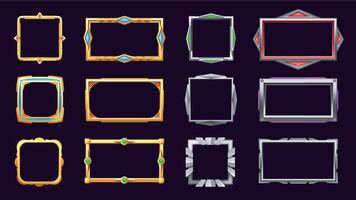 Game metal frame. Golden silver bronze UI RPG buttons, fancy empty border user interface sprite graphic, web mobile game asset items. Vector isolated set