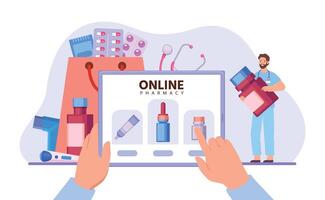 Flat online pharmacy store. Person holding tablet and buying medication in internet. Hands ordering pills, drops and balm vector