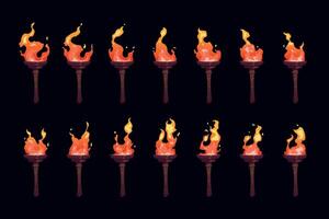 Torch burning sequence. Sprite animation frame set, cartoon medieval fire blaze icons for game asset, ancient flammable glow symbol. Vector collection