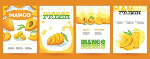 Mango posters. Tropical sweet ripe fruit with text and logo, cartoon organic diet leaflets with vegetarian diet information. Vector isolated set