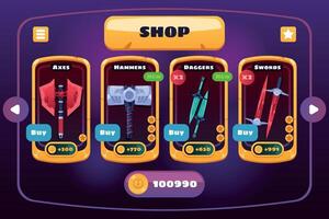 Game weapon shop. Fantasy rpg store menu panel with medieval sword axe dagger equipment and price, UI frame role playing concept. Vector illustration