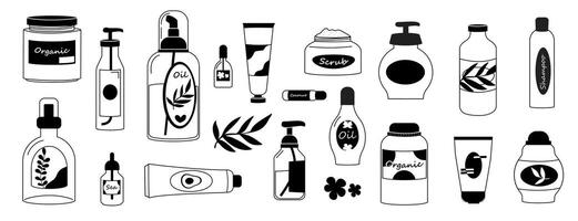 Doodle cosmetic packaging. Hand drawn skin care treatment and make up cosmetics in various eco friendly packaging. Vector isolated set