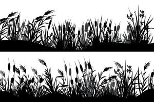 Reed silhouette. Black cattail grass strip border, marsh nature vegetation horizontal banners, grassland view. Vector parallax background elements