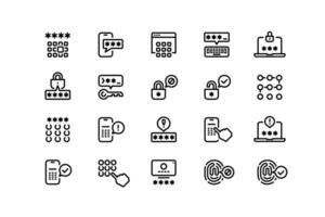 Password line icons. Authorization protection, user data application and service security, correct pin-code and password input. Vector editable stroke collection