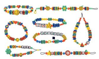 garabatear rosario. dibujos animados vistoso niño pulsera elementos, antiguo colegio niño hecho a mano accesorios plano diseño elaboración actividad concepto. vector aislado conjunto