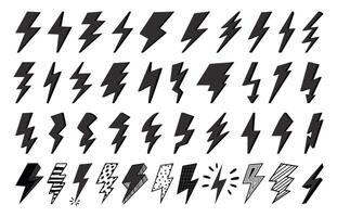Flash icons. Lightning or thunderbolt storm symbols. Natural or electrical strikes isolated on white. Different elements for charging vector