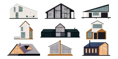 Modern houses. Cartoon cottage and villa, modern residential buildings with garage and porch, flat country estate with terrace. Vector isolated set