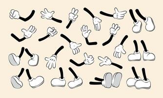 Cartoon hands and legs collection. Cute retro animation white feet and gloves characters body parts, abstract simple funny drawn person gestures. Vector comic set