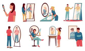 People look in mirror. Cartoon characters seeing reflections of themselves, concept of egoistic or narcissistic person, man and women proud and accept their look. Vector set