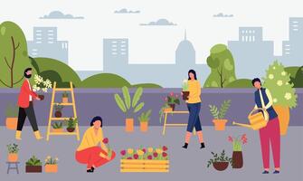 urbano jardinería gente, creciente flor y plantas vector