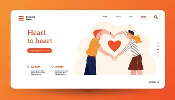 People with heart landing. Home page for volunteer organization or dating site template with cartoon characters holding hearts. Vector web page layout