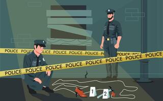 Police crime scene. Criminal murder investigation of detective officers, victim corpse traced with chalk, policemen with dog at work. Vector illustration