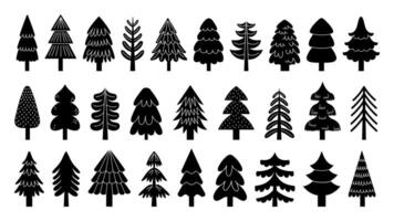 Black christmas tree icons. Minimal winter pine fir silhouettes with decorations, simple monochrome winter holiday season drawing. Vector isolated set