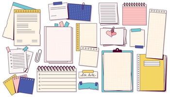 Notes and paper stationery. Doodle post-it note sheet with sticky note, memo and task planner objects. Vector blank notepaper set