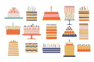 cumpleaños pasteles dibujos animados dulce postres con vistoso decoraciones, creativo panadería productos para fiesta celebracion, delicioso Pastelería. vector plano conjunto