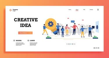 Creative idea landing. Web site template with group of coworkers working together on problem solution concept. Vector business illustration