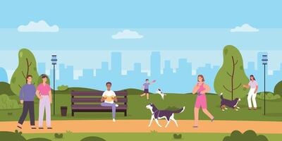 People walk in public park. Cartoon woman running with pet, man sitting on bench and reading book. Couple walking vector