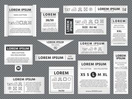 lavandería etiquetas. el secado limpieza etiquetas con Lavado y planchado instrucciones, algodón hilo emblema insignias para ropa. vector conjunto