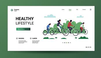 Bicycle landing. Web page template with character on bike ride in park, summer outdoor activity concept. Vector homepage with healthy cyclist