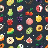 Pixel fruits pattern. Seamless print of pixelated cartoon fruits and berries, 2D game wallpaper of rough pixel icons. Vector texture