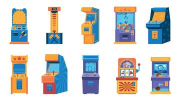Arcade game computer. Retro gaming 80s machine, amusement and entertainment vintage devise. Vector 1990s game machines collection