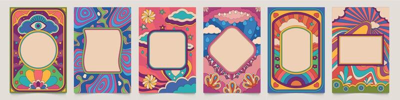 Retro psychedelic frames. Abstract colorful flyer layout with liquid shapes and place for text, backdrop wallpaper cover. Vector set