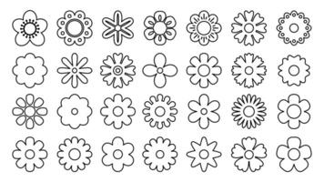 Line flower symbols. Simple geometric daisy and chamomile abstract symbols, different shapes of flowers logo. Vector thin outline decorative elements set