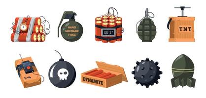 Cartoon bomb set. Dynamite and bomb military explosive ammunition devic eand artillery game asset. Vector collection