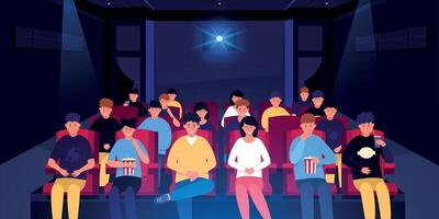 People in cinema. Cartoon characters on holiday spending time in movie theater, dark room interior with chairs and cinema projector. Vector people watching movie