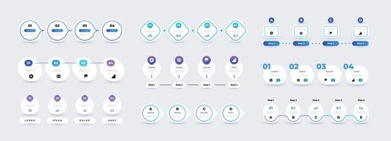 Step infographic. 4 elements flow chart business template, square and round timeline graphic banner. Vector modern presentation mockup