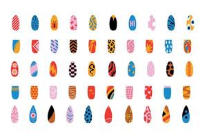 Painted nails collection. Colorful glossy decorative polish collection with texture and print for finger nail. Woman manicure pedicure design vector set