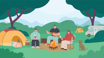 Camping people landscape. Family resting weekend with bbq and fireplace vector