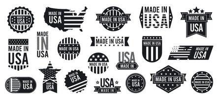 Made in USA stapms black color. Retro american flag stamp with text. Logo with text and seal. Label design vector set