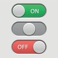 On off button. User interface switch for adjustment menu in on, neutral, and off option positions, modern web and phone UI elements. Vector set