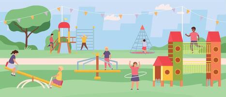 niños parque carruseles, columpios y juego módulos con diapositivas vector