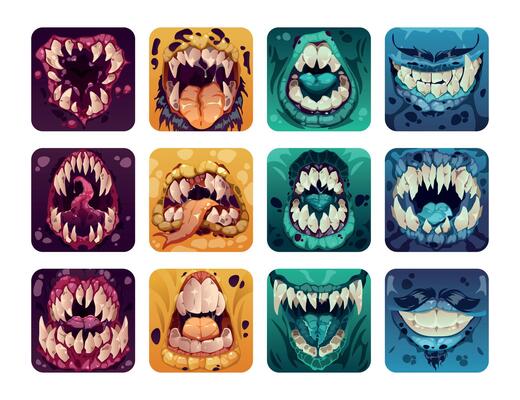 Scary mouth logo. Creepy colorful monster teeth cartoon style, comic horror alien zombie smile tongue for game design GUI assets. Vector fantasy set