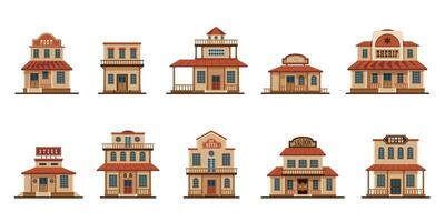 dibujos animados occidental edificios salvaje Oeste tradicional país casas, antiguo americano pueblo banco salón motel arquitectura fachada construcciones vector conjunto