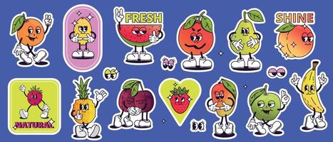 Groovy cartoon fruits stickers. 80s 90s funky fruity labels with smile face, colorful retro animation elements for packaging product design. Vector isolated set