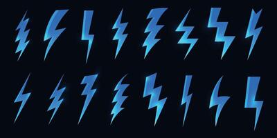 Lightning bolt icon. Cartoon electric strike, energy burst and electric charge, energy arrow and power symbol flat style. Vector isolated set