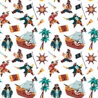 Pirates pattern. Cartoon seamless print of sailors and bandits in pirate costumes with weapon treasure chest and spyglass. Vector texture kids illustration characters