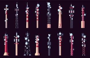 Radio towers. Radio antenna for wireless communication and broadcasting, telecommunication network connection and reception technology. Vector set